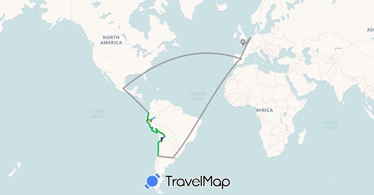 TravelMap itinerary: driving, bus, plane, train, hiking, boat, hitchhiking in Argentina, Bolivia, Chile, Ecuador, Spain, France, Mexico, Netherlands, Peru (Europe, North America, South America)